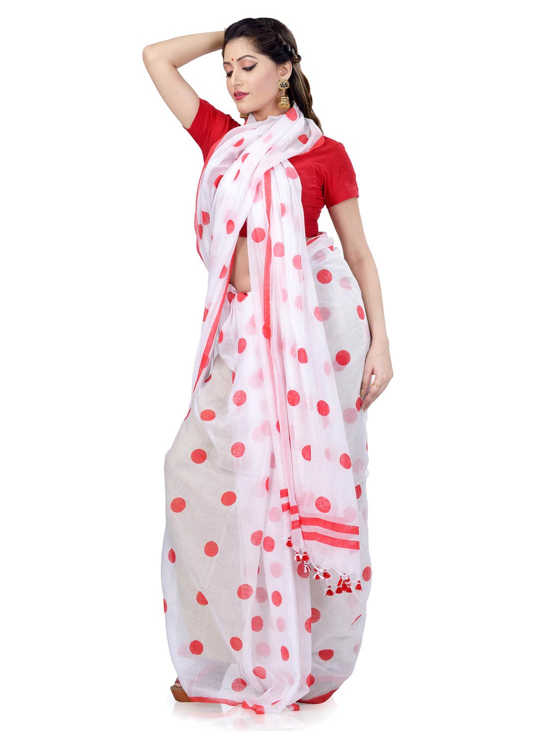 Women`s Traditional Hand Woven Malmal Bengal Handloom Pure Cotton Saree Without Blouse Piece (Red White)